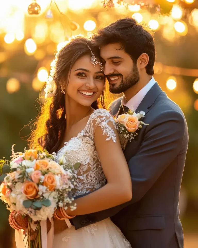 Bride and Groom Backlit While Embracing on Their Wedding Day